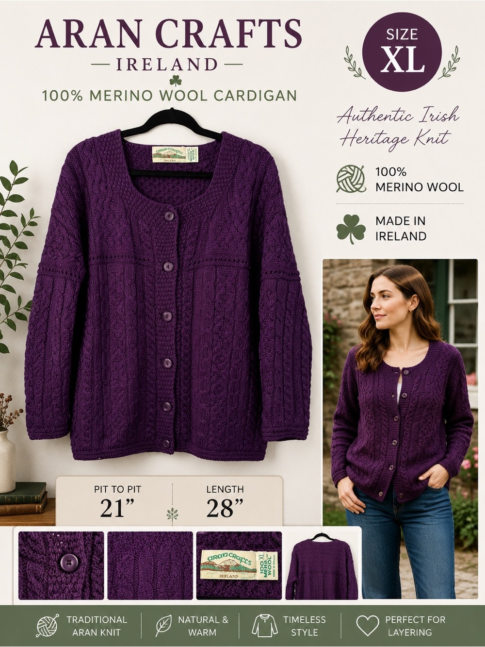 Aran Crafts Ireland Purple 100% Merino Wool Cable Knit Cardigan Sweater XL